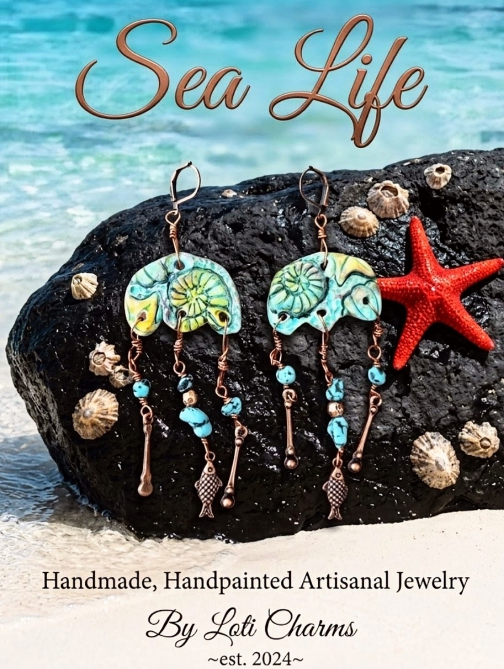 Sea Life: Blue Green Handpainted Clay & True Turquoise In Artisan Chime Earrings